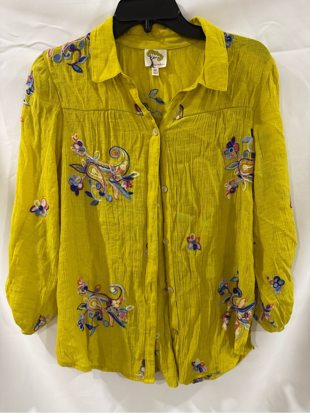 fig and flower Yellow Embroidered Button-Down Shirt